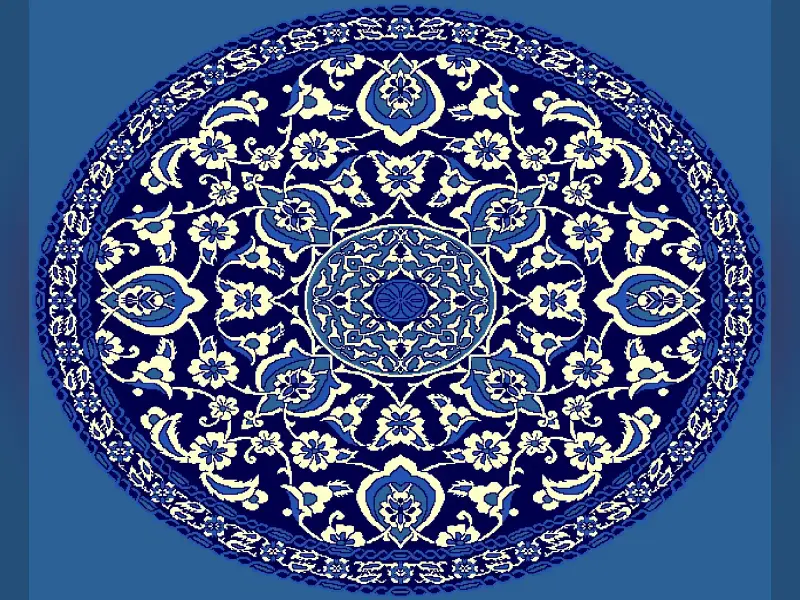 Oval Iznik Medallion — Dense Floral Arabesque Center-Medallion — Blue