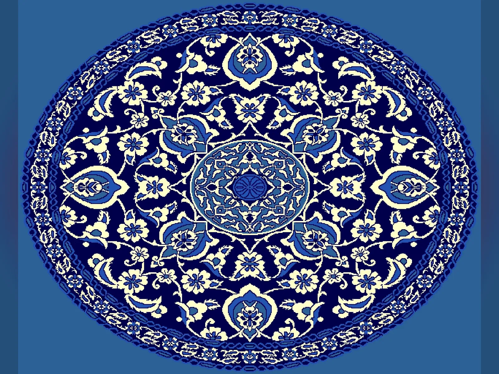 Oval Iznik Medallion — Dense Floral Arabesque Center-Medallion — Blue