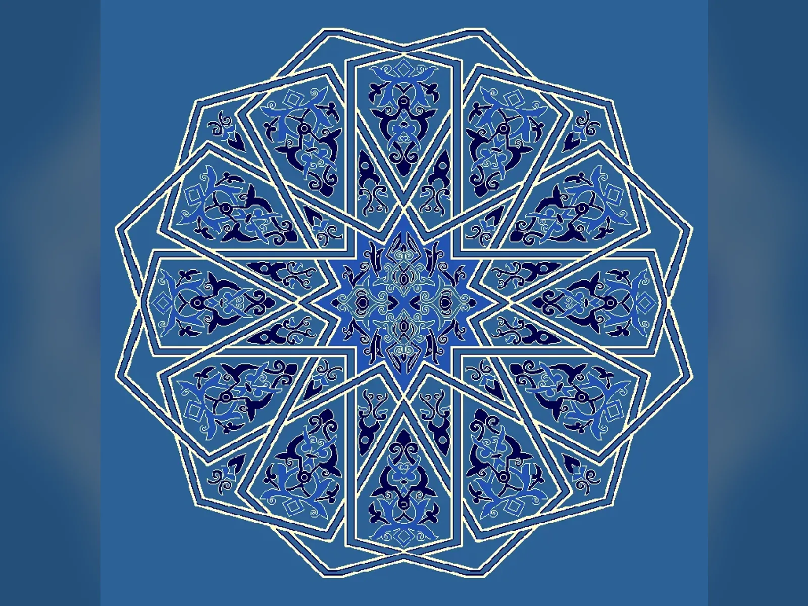 Decagonal Star Medallion with Rumi Arabesque Panels — Blue