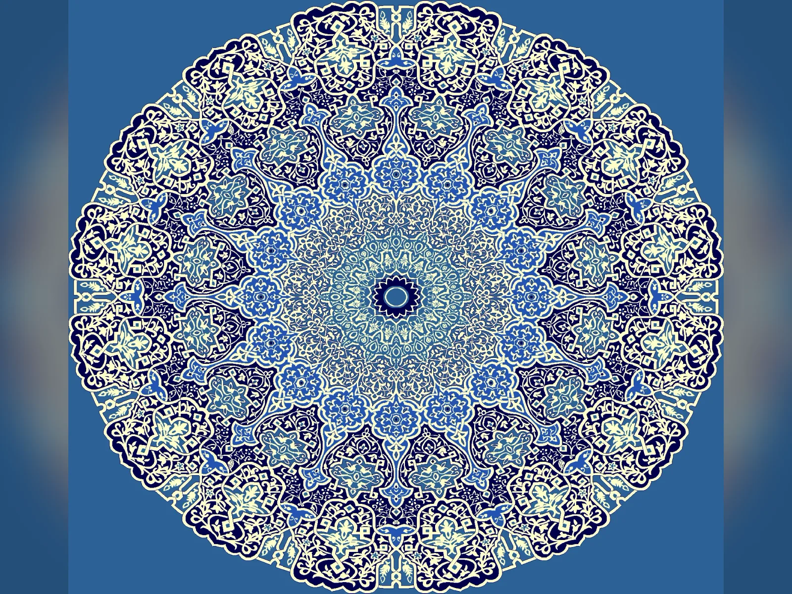 Radiant Rosette Medallion — Dense Arabesque Center-Medallion Design — Blue