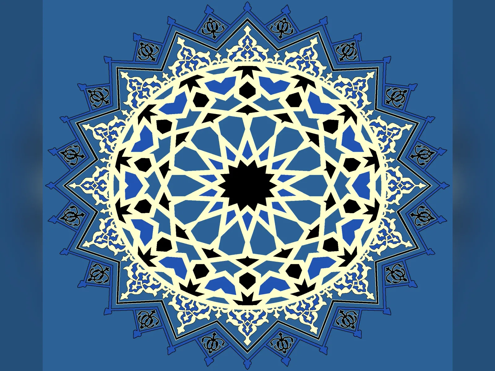 Sixteen-Point Star Medallion with Arabesque Outer Ring — Blue