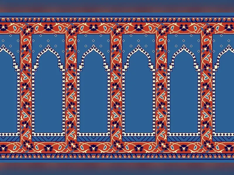 Saf Pointed-Arch Prayer Row with Floral Vine Border — Blue