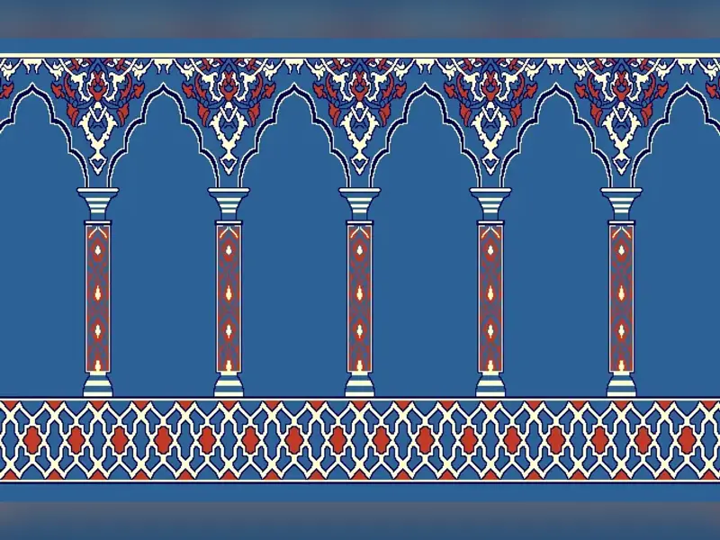 Saf Muqarnas Arcade — Pointed-Arch Column Prayer Row Design — Blue