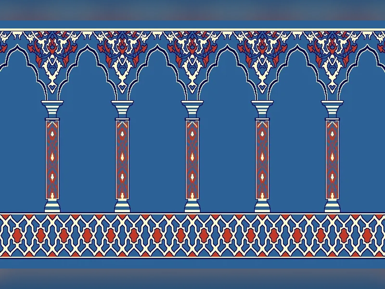 Saf Muqarnas Arcade — Pointed-Arch Column Prayer Row Design — Blue