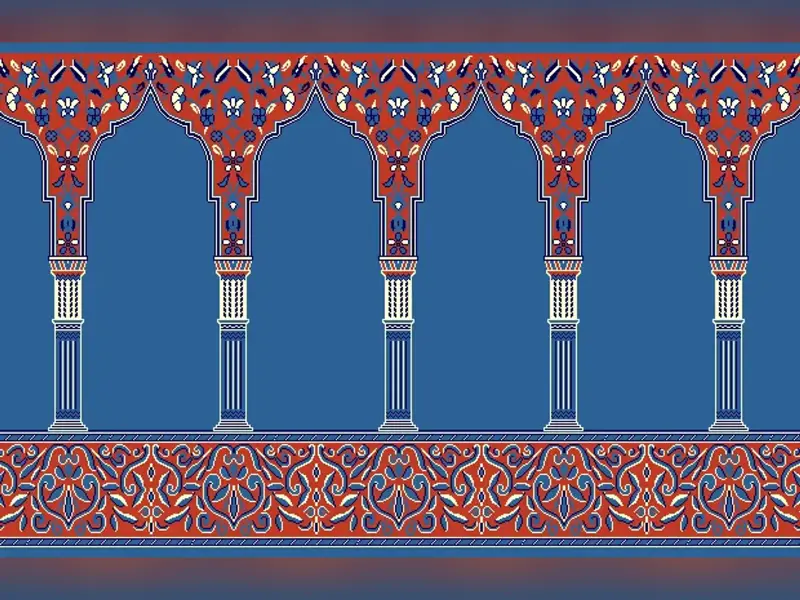 Saf Arcade – Fluted Column Prayer-Row Design with Arabesque Border — Blue