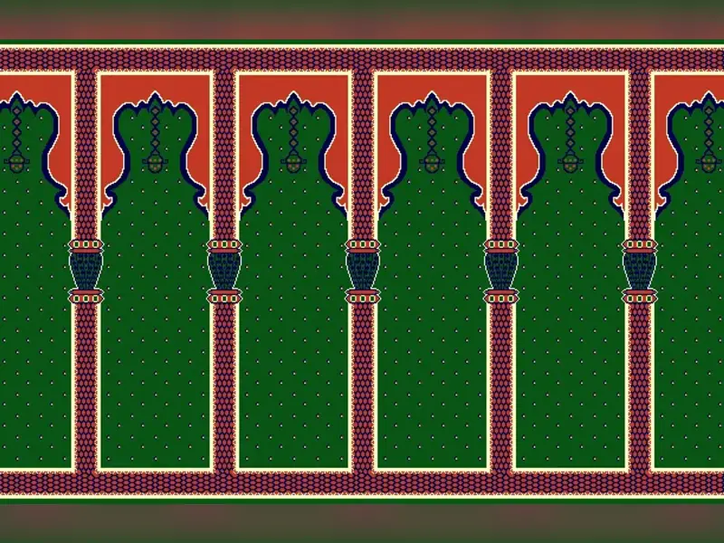 Saf Mihrab Arch with Hanging Lantern & Turned Column Repeat — Green